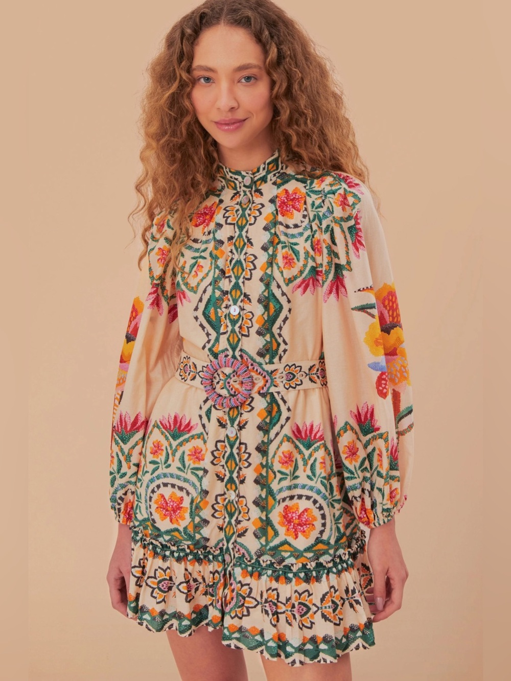 NWT FARM Rio Tapestry Long Sleeve Mini Dress with Belt - Picture 1 of 7